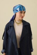 Dalgaların İçinde Paars-Donkerblauwe Dubbelzijdige Twill Zijden Hoofddoek - Afbeelding 5