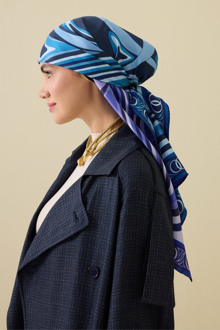 Dalgaların İçinde Paars-Donkerblauwe Dubbelzijdige Twill Zijden Hoofddoek - Afbeelding 3