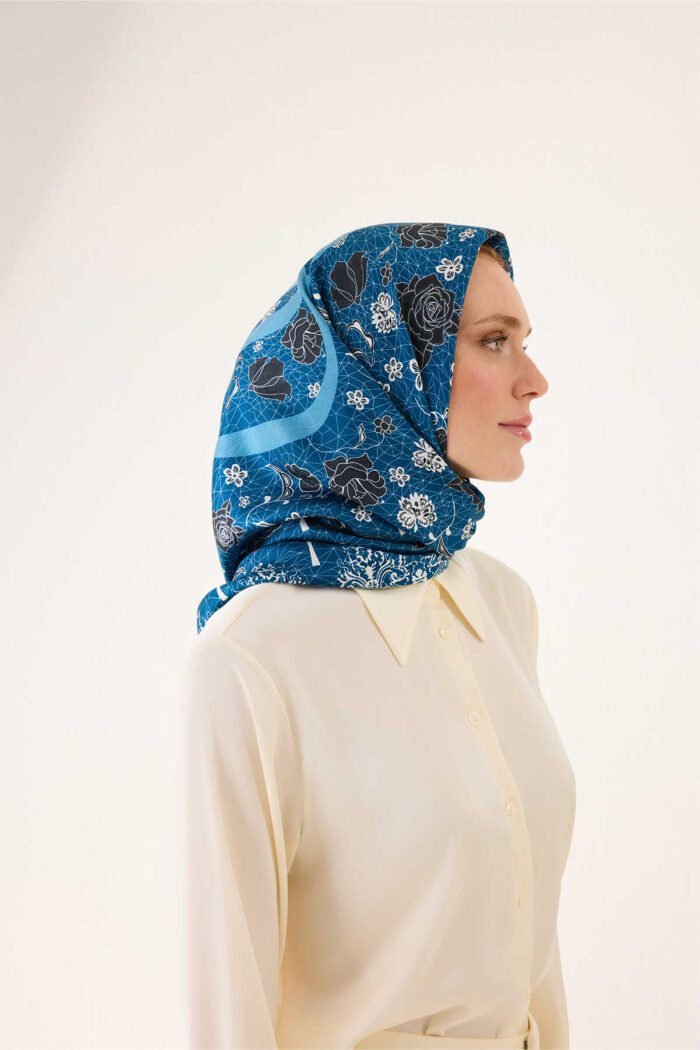 Gül Dantel Petrol-Turquoise Dubbelzijdig Tivil Zijden Hoofddoek - Afbeelding 2