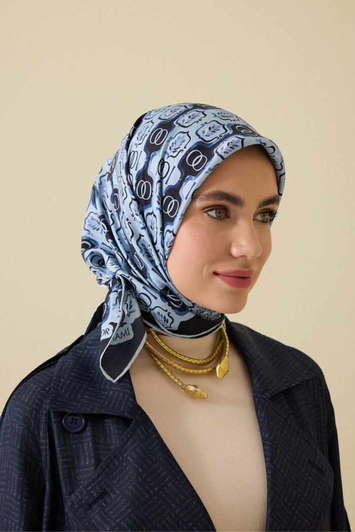 Girdap Blauw Tivil Zijden Hoofddoek - Afbeelding 4