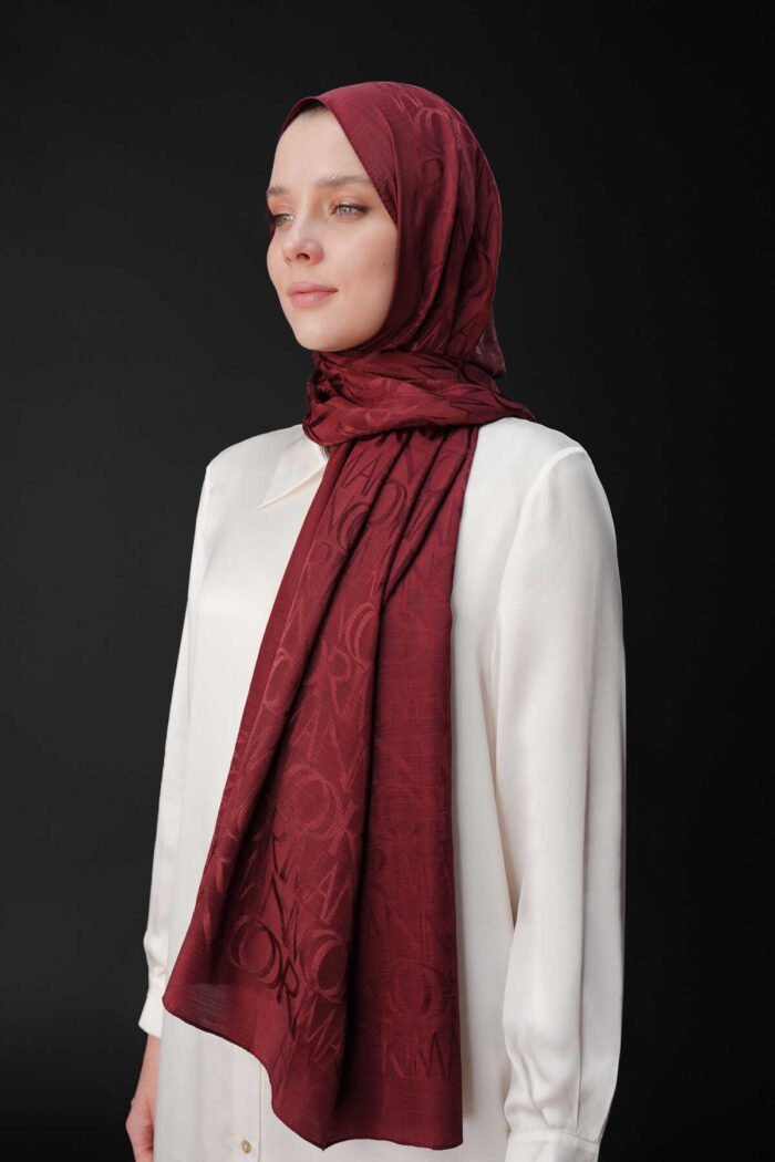 Monogram İmza  Bordeaux Shiny Jacquard Sjaal - Afbeelding 2