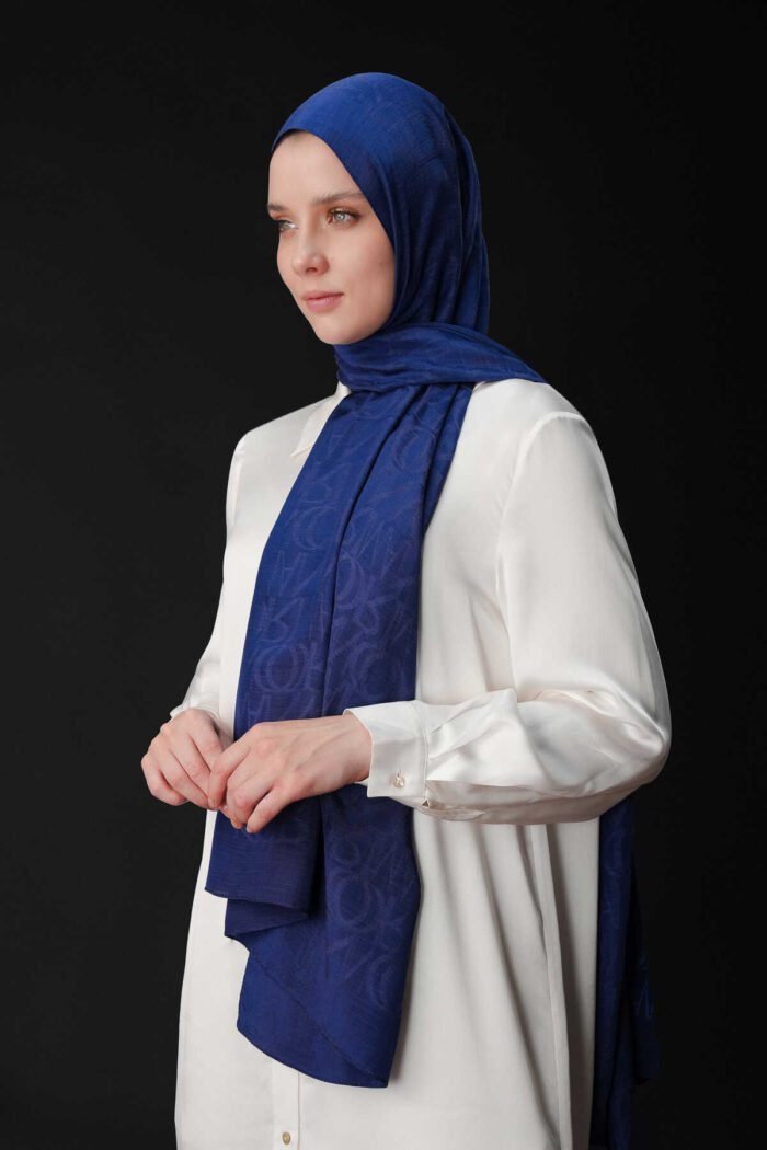 Monogram İmza Marineblauw Shiny Jacquard Sjaal - Afbeelding 2