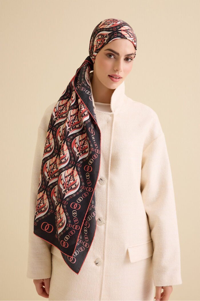 Lale Zwart-Oranje Katoen Zijden Sjaal - Afbeelding 2