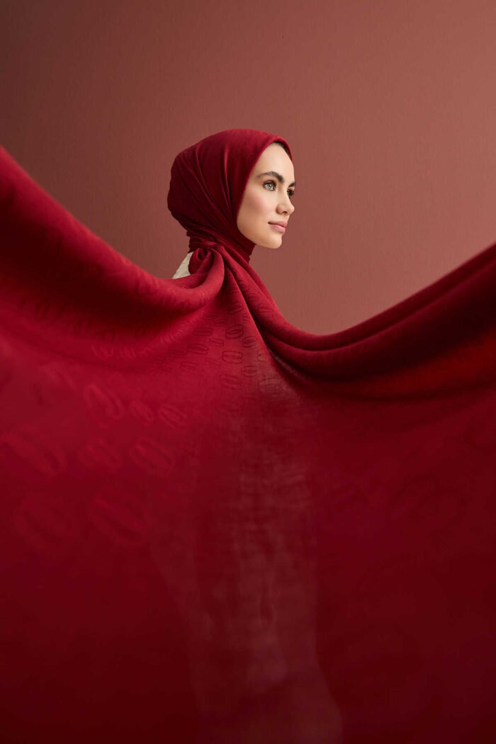 Chain Pattern Bordeaux Katoen-Zijde Sjaal - Afbeelding 3